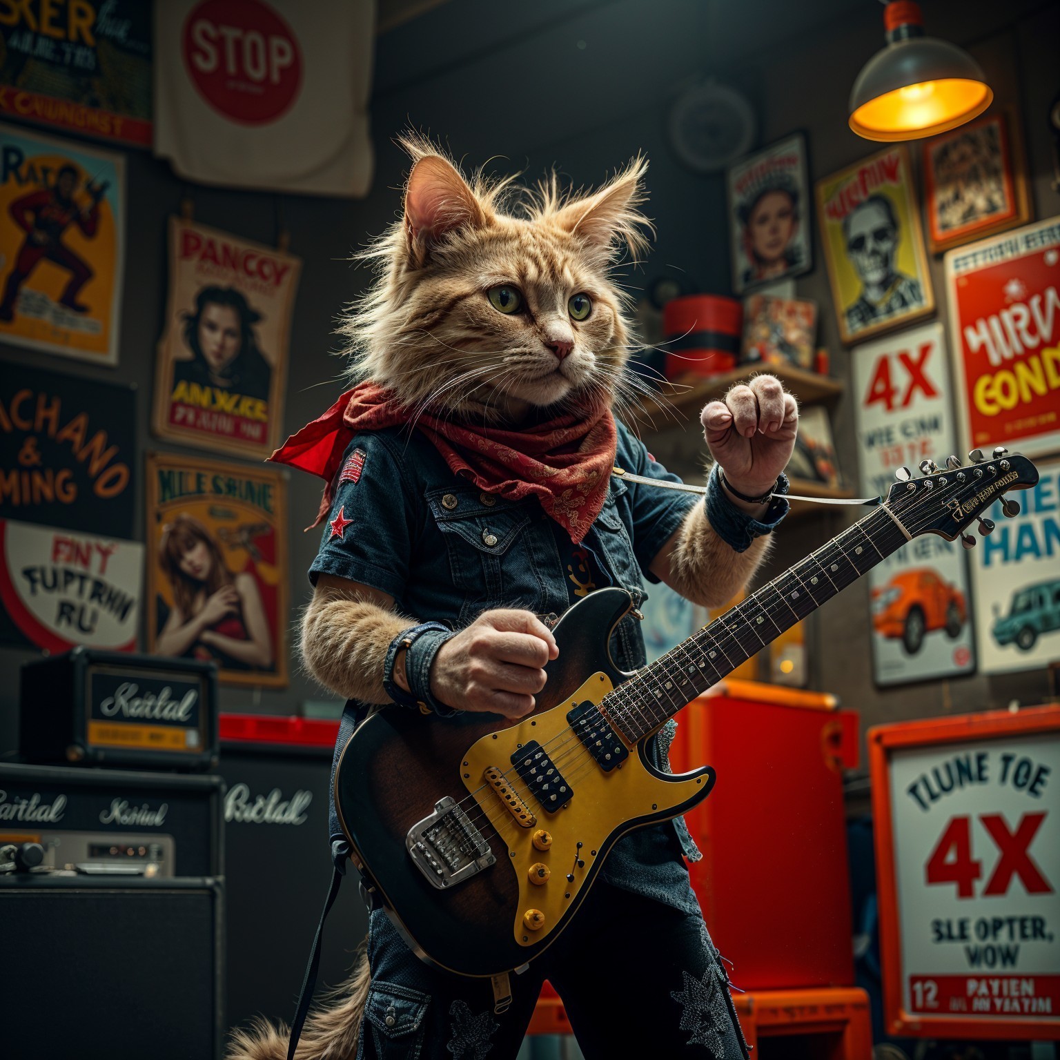 Fluffy Anthropomorphic Cat in Music-Themed Room