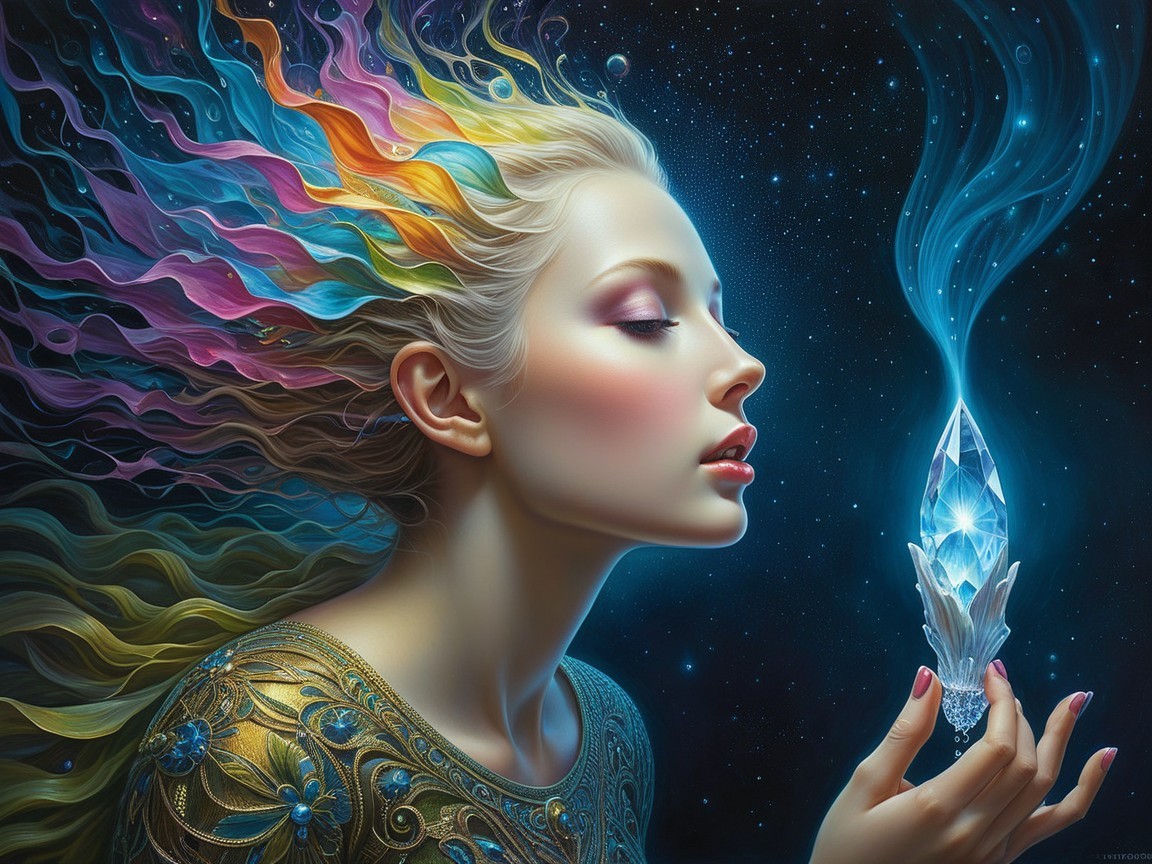Ethereal Woman with Colorful Hair and Shimmering Crystal