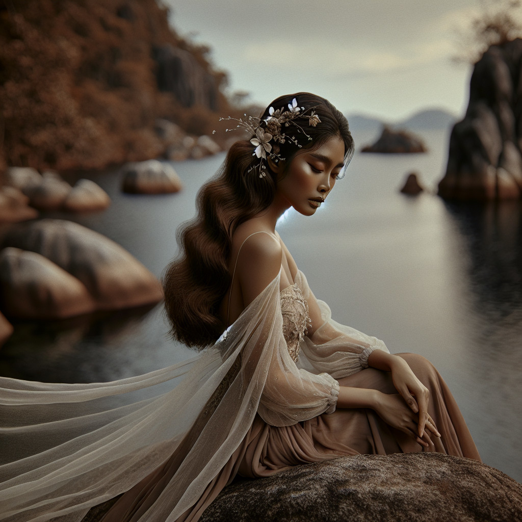 Serene Woman by Reflective Water in Ethereal Landscape