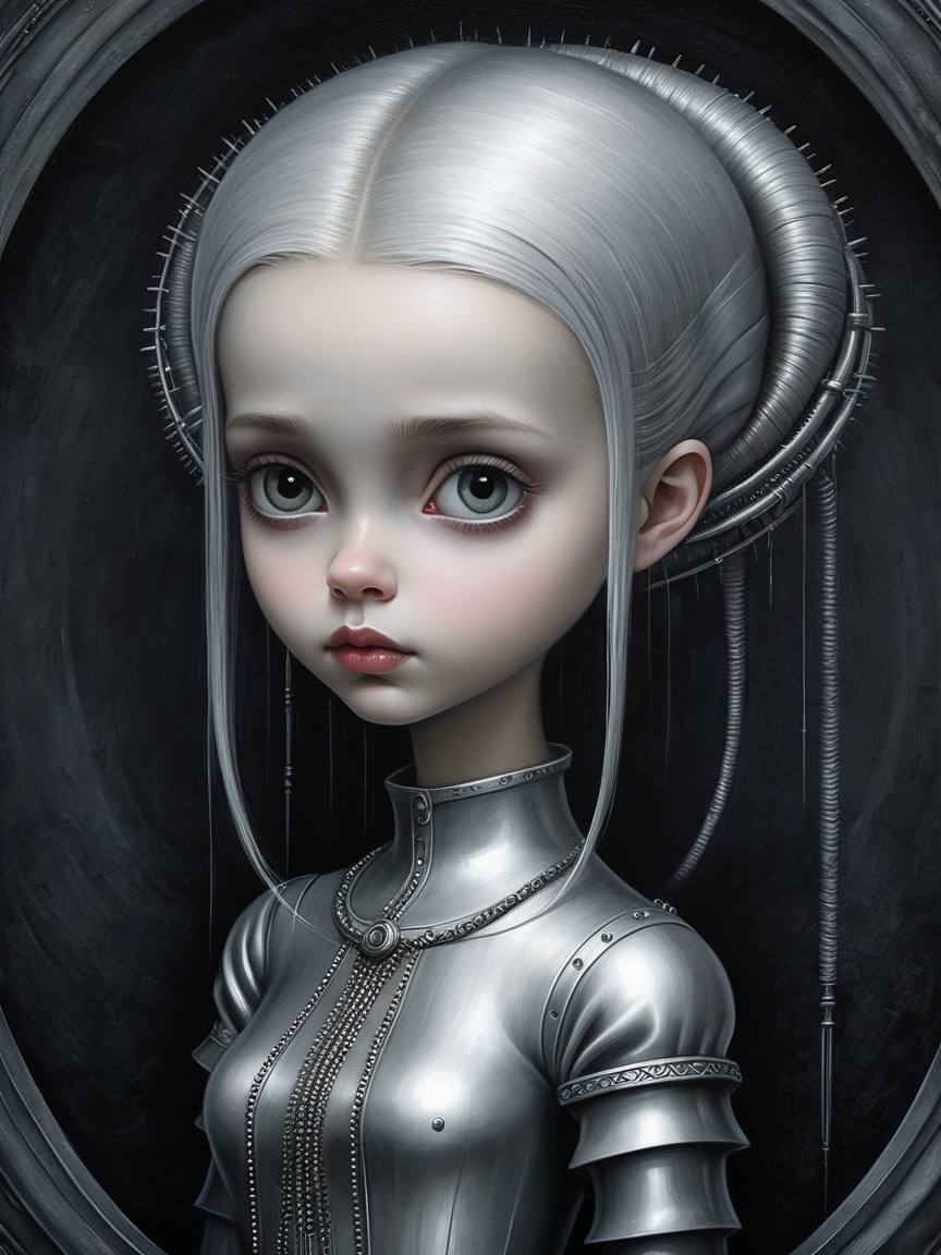 Porcelain-skinned girl in futuristic metallic armor