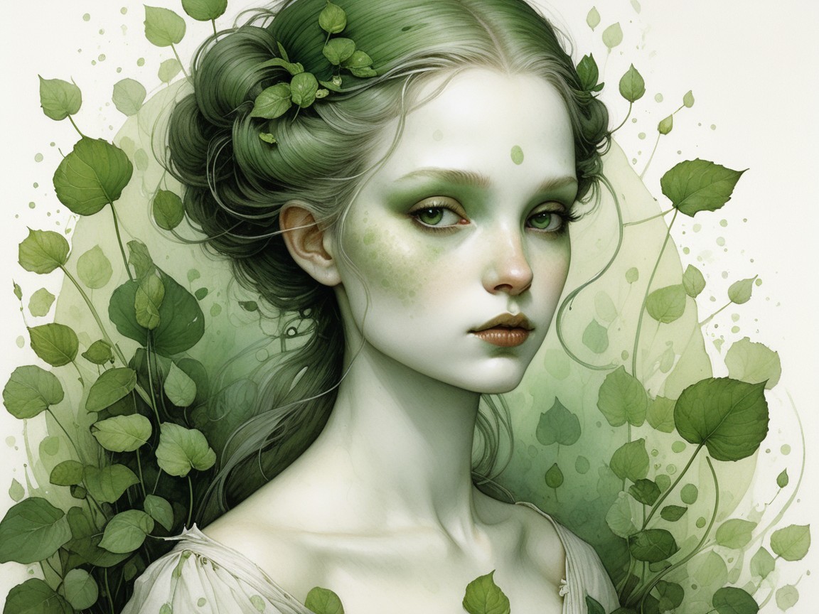 Ethereal Figure Surrounded by Vibrant Botanical Elements