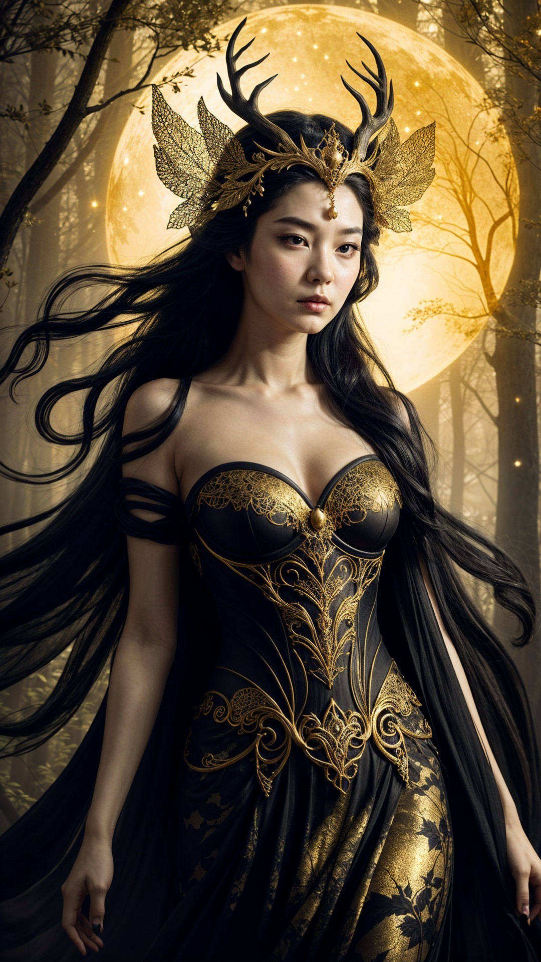 Majestic figure in mystical forest under moonlight