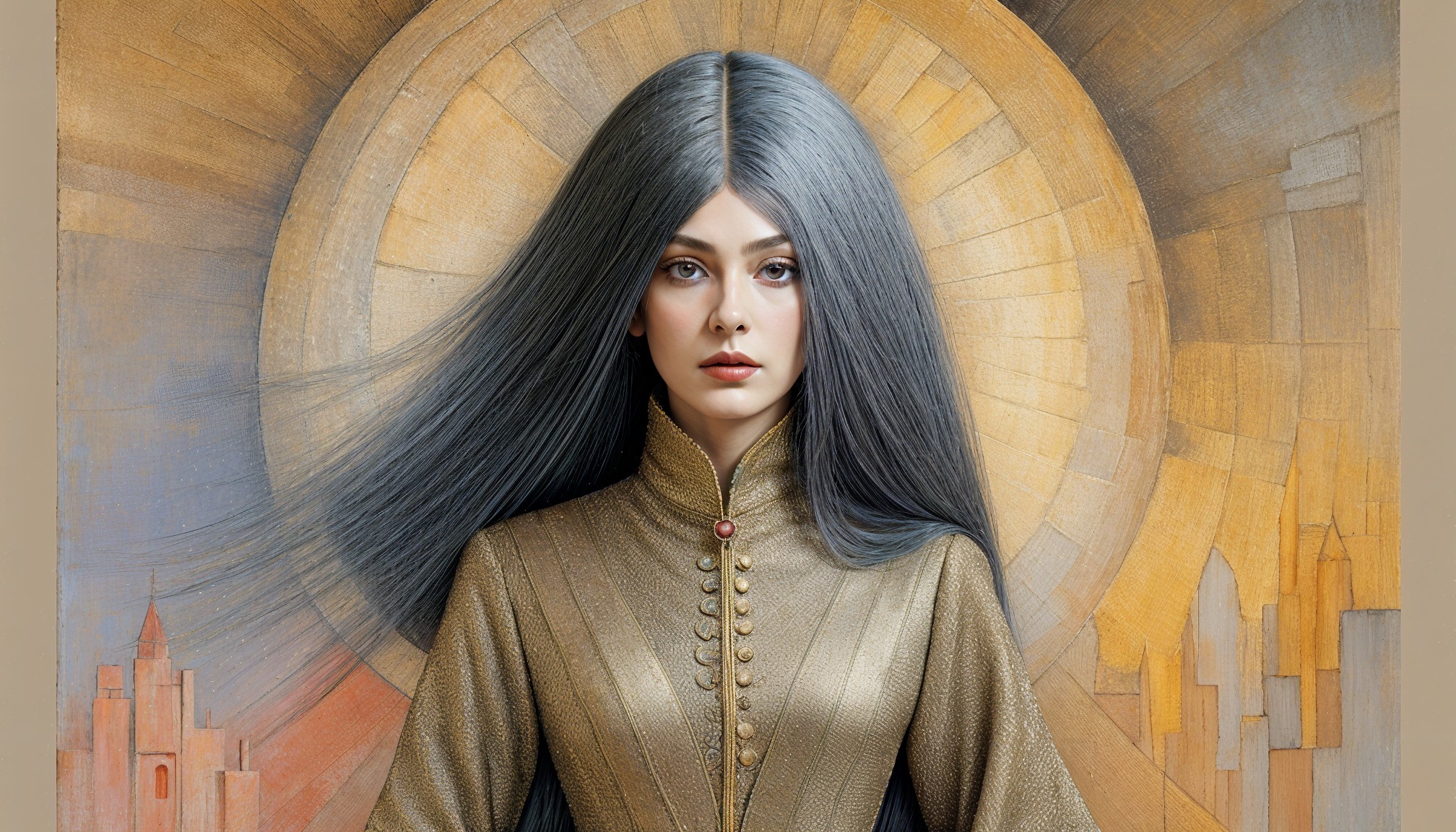 Young woman with silvery hair and golden garment