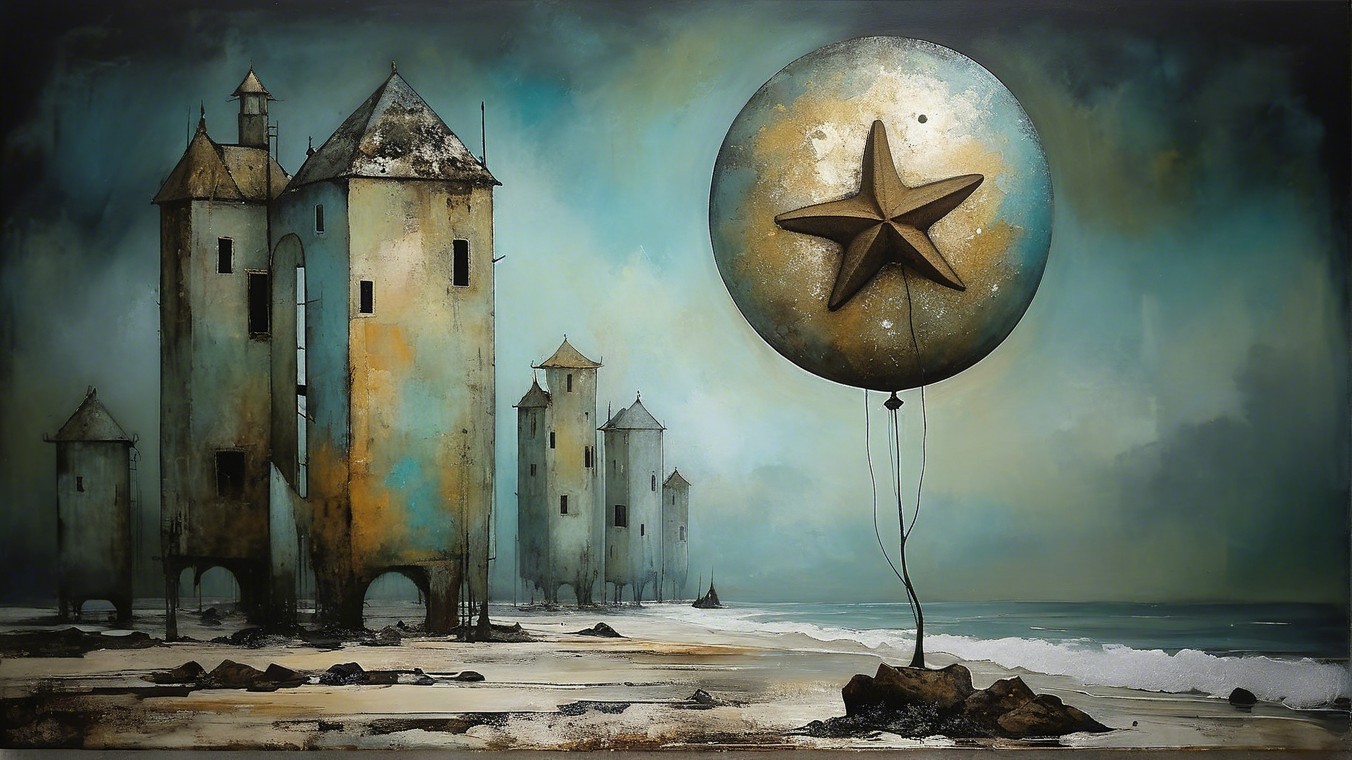 Surreal Landscape with Towers and Floating Balloon