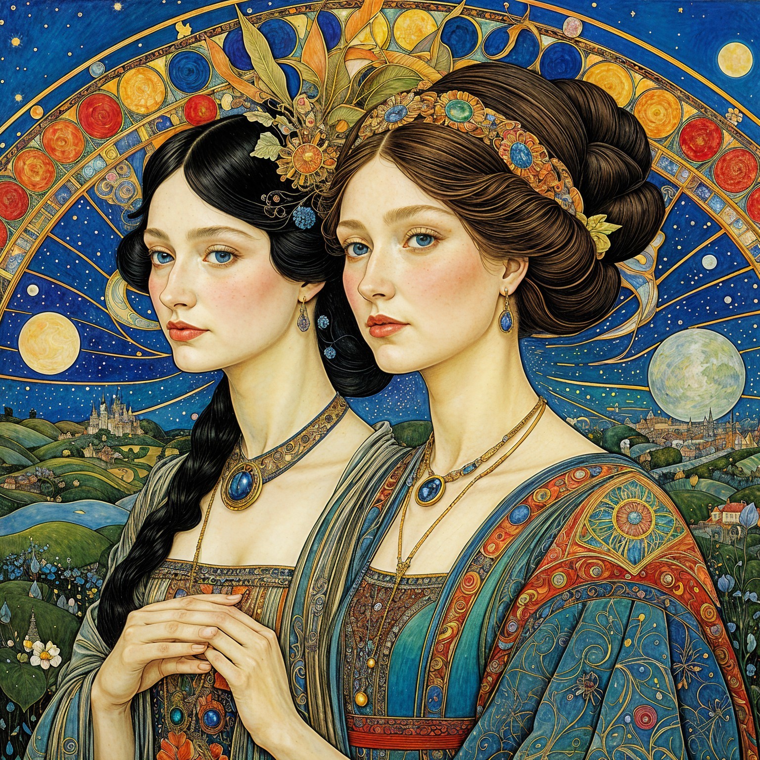 Elegant Women in Historical Garments Under Night Sky