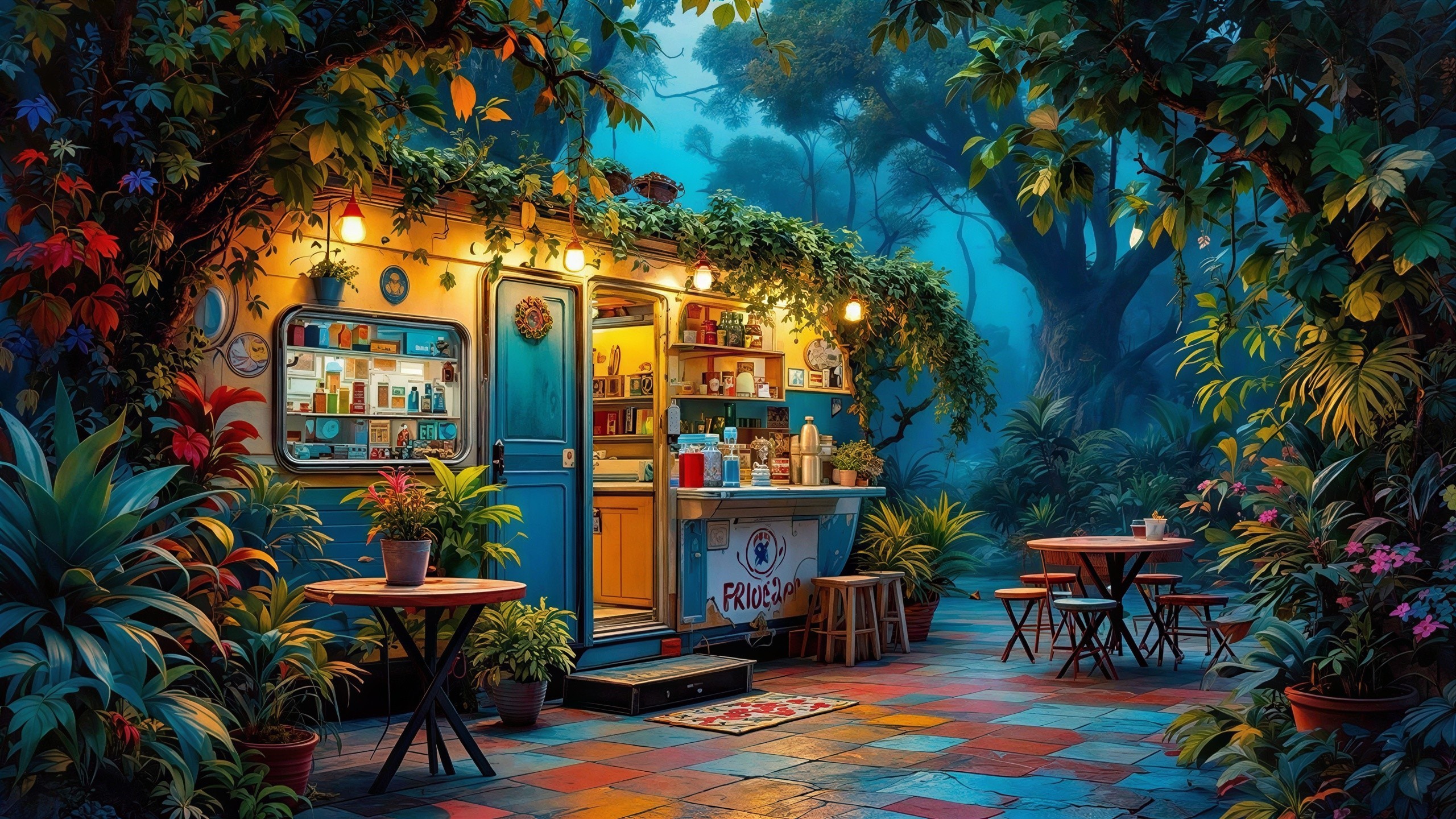 Vibrant Food Truck in Enchanted Forest Setting