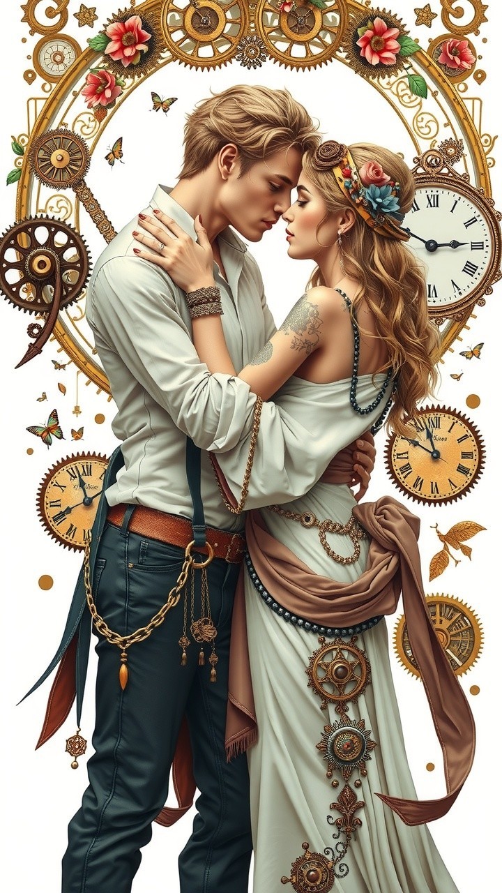 Romantic Couple Surrounded by Steampunk Elements