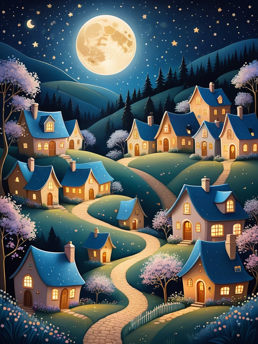 Whimsical Village Under a Bright Full Moon