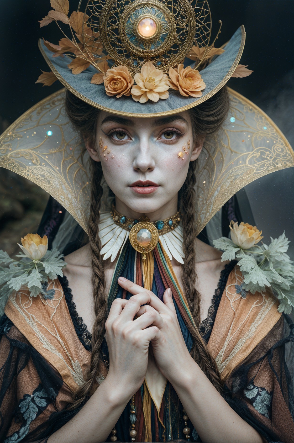 Woman in ornate costume with intricate braids and hat