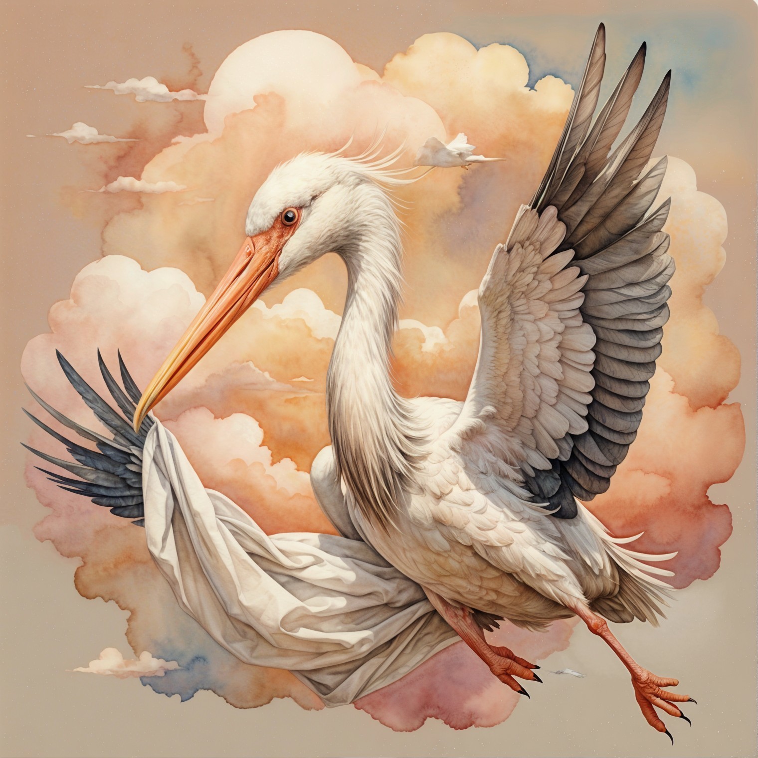 Stork in Flight Against Pastel Cloud Background