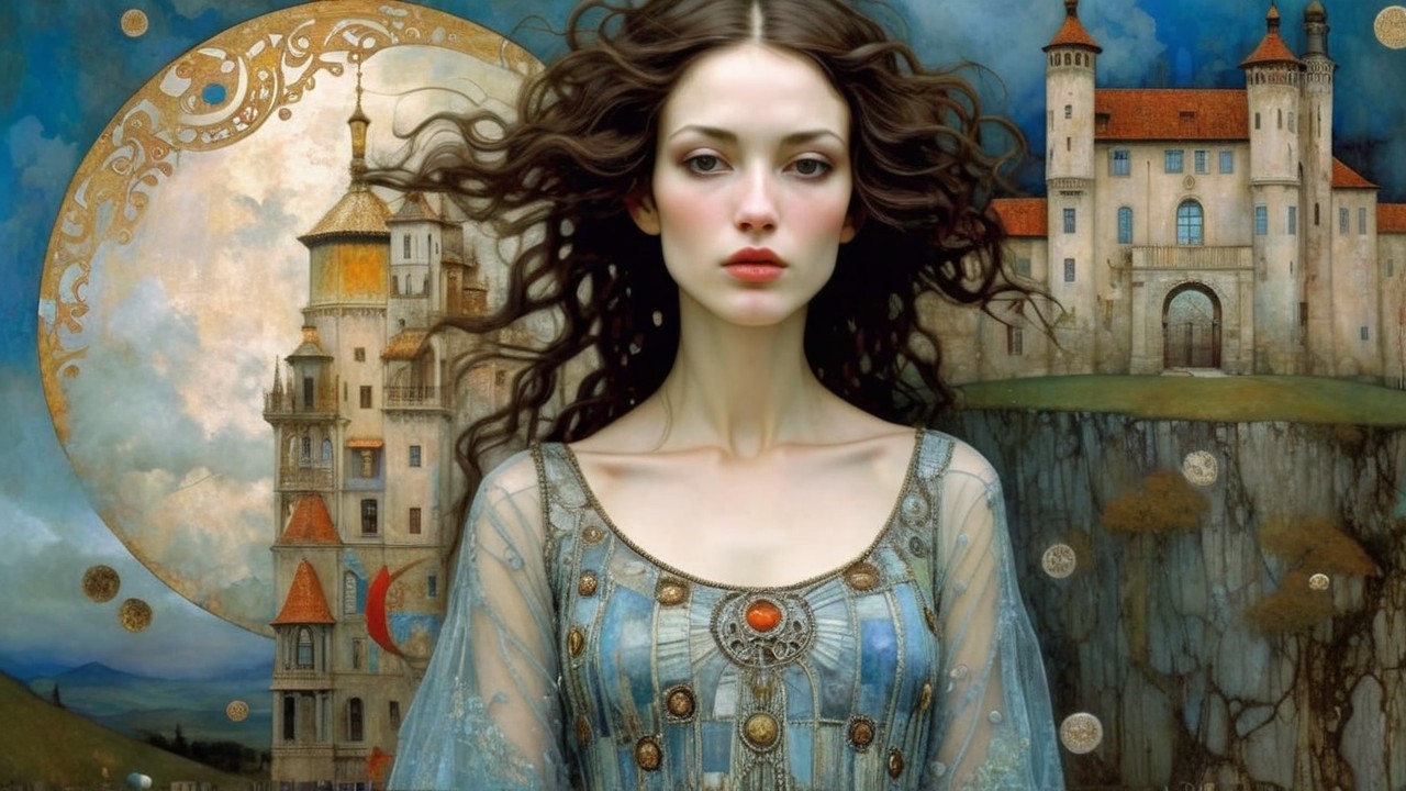 Mystical Scene with Young Woman in Elegant Blue Gown