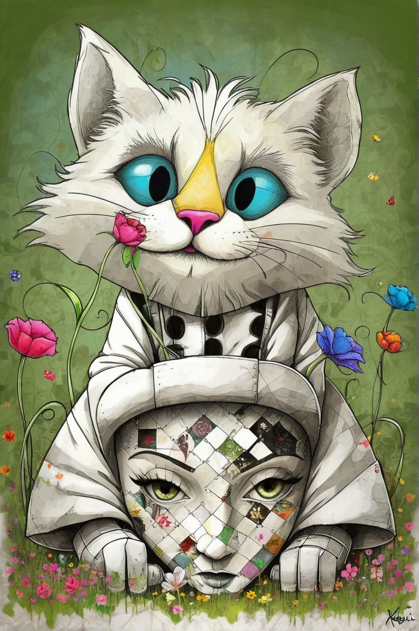 Fluffy White Cat and Serene Figure in Colorful Setting