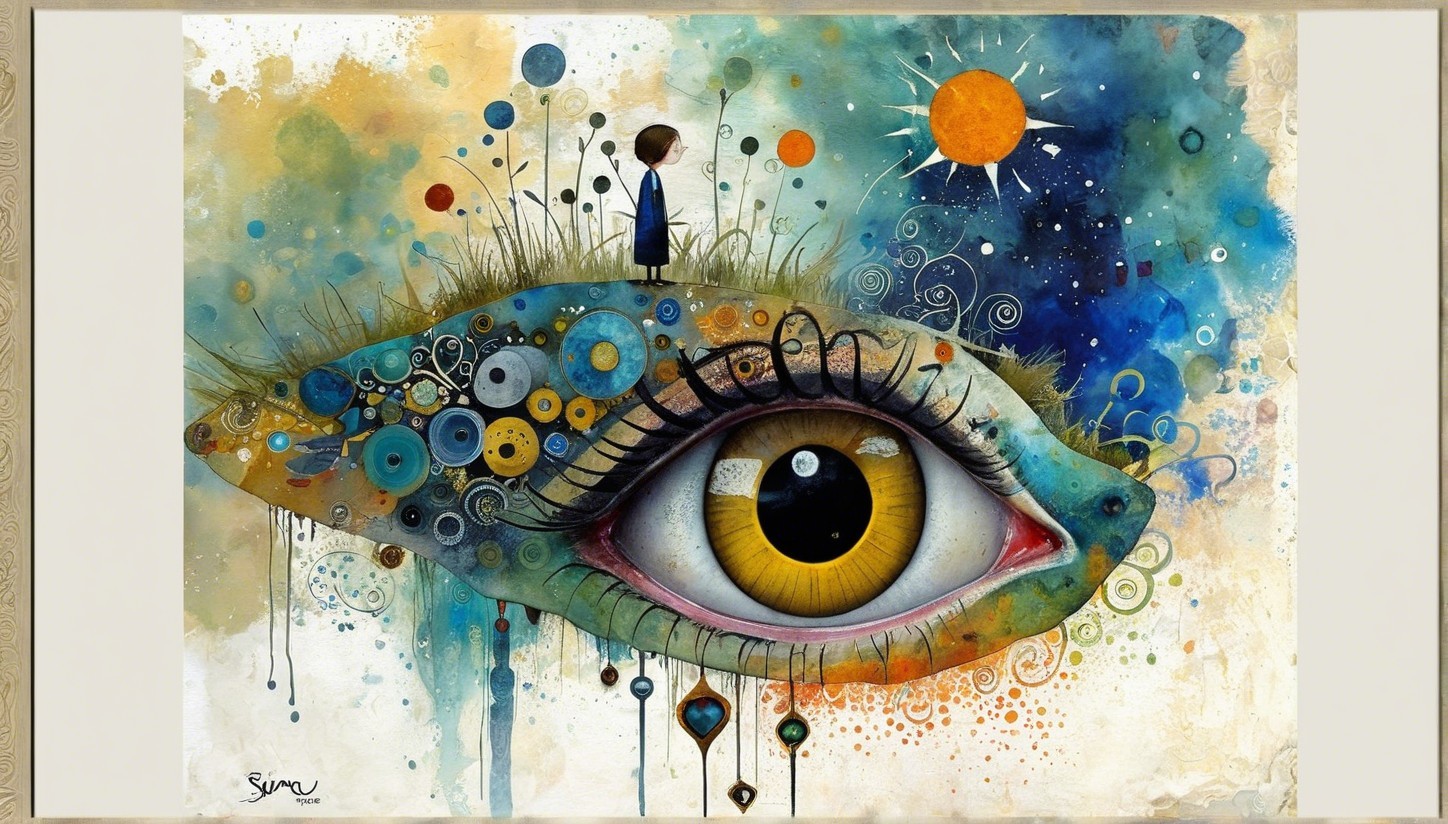 Colorful Eye Surrounded by Surreal Landscape Elements
