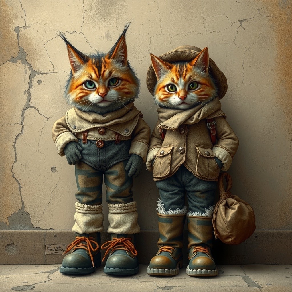 Whimsical anthropomorphic cats in stylish outdoor attire
