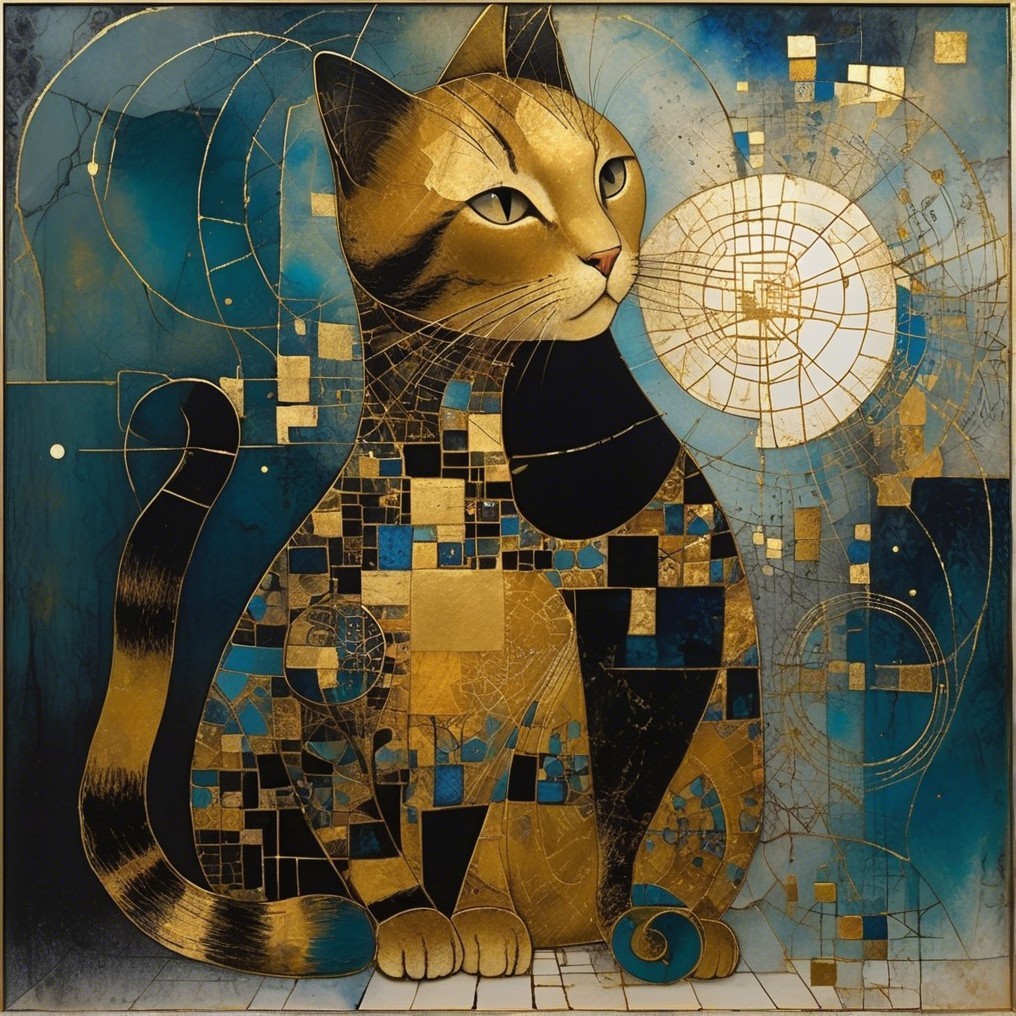 Stylized Cat with Golden Sheen and Geometric Patterns