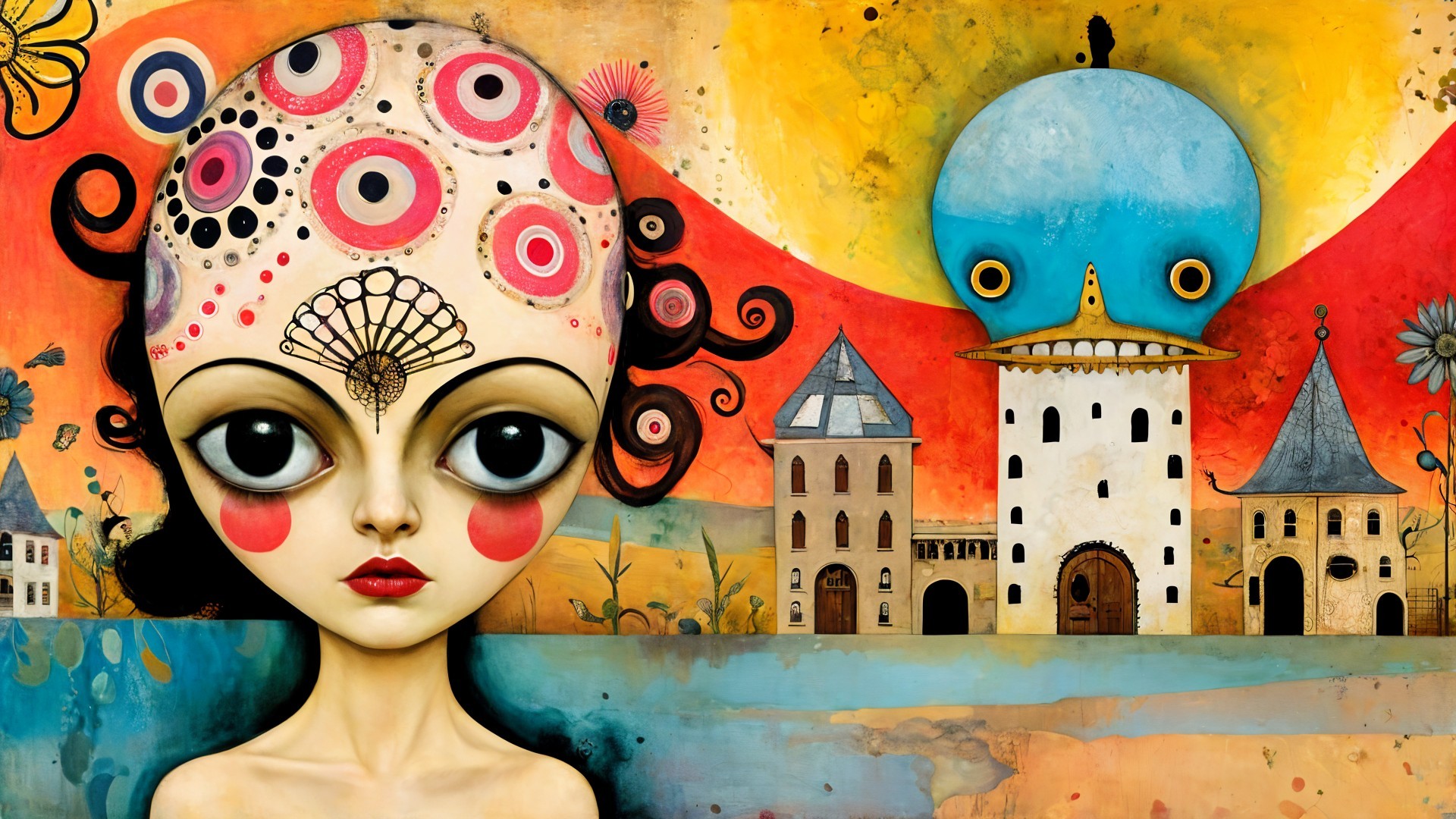 Whimsical Artwork of Large-Eyed Girl and Surreal Creature