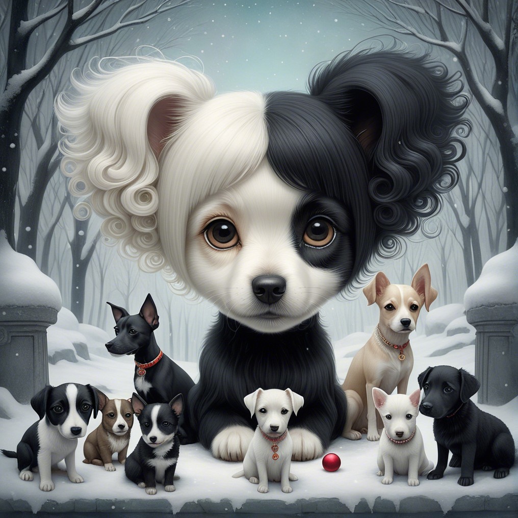 Cartoon Dogs in Snowy Forest Setting with Unique Breeds