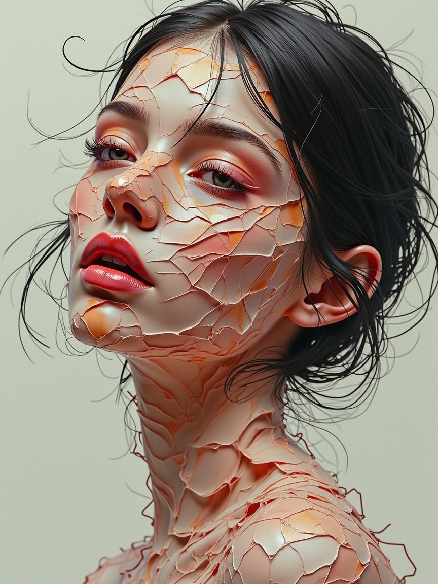 Portrait of a Young Woman with Cracked Skin Texture