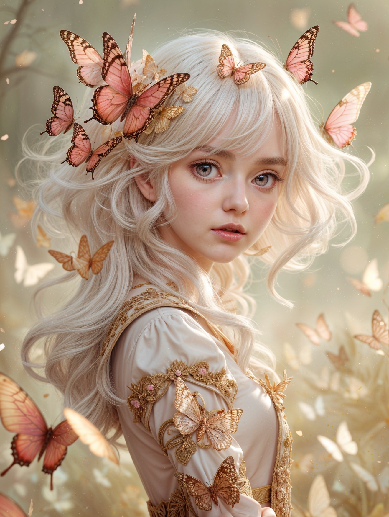 Young girl in embroidered gown with butterfly motifs