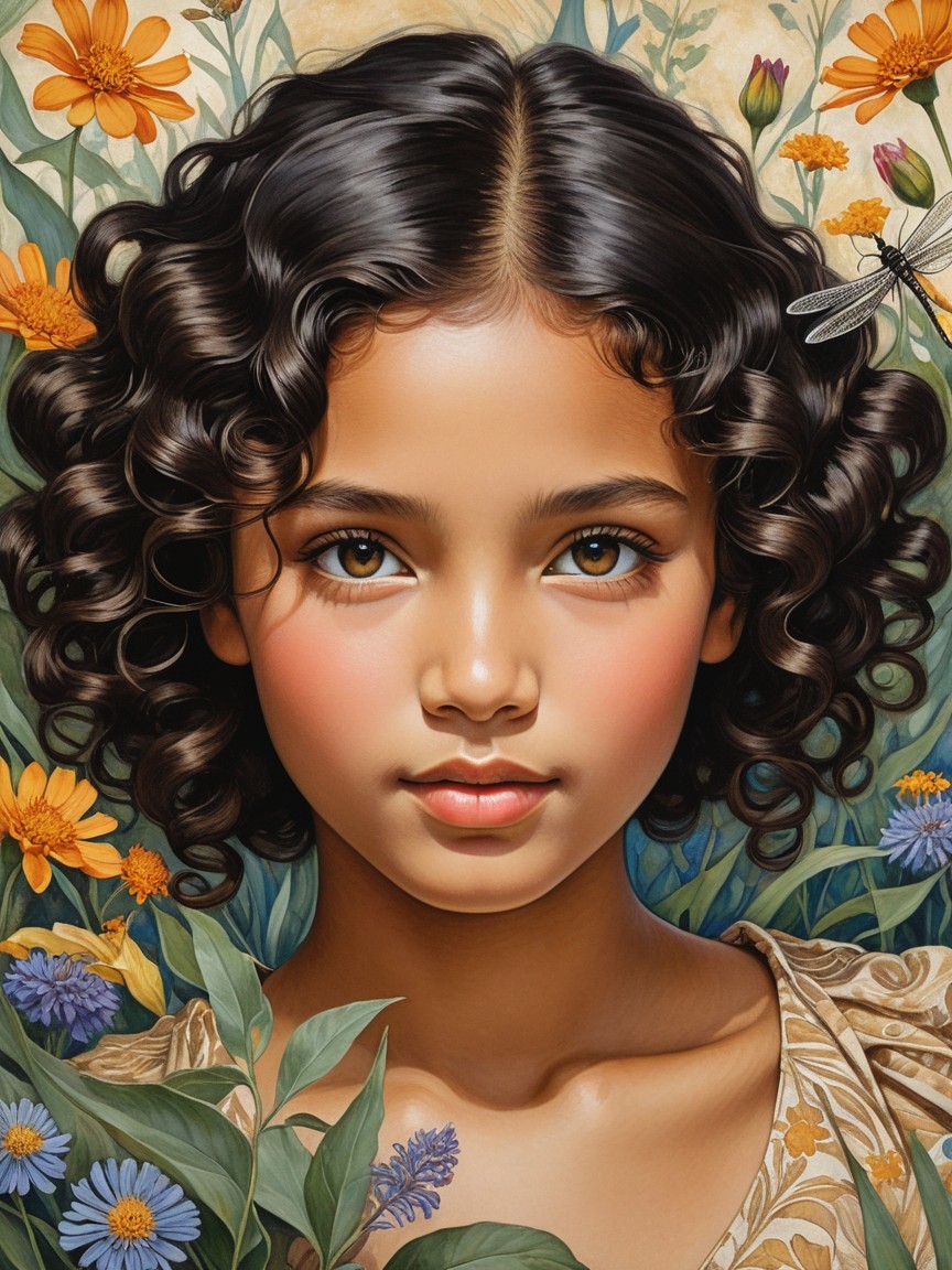 Close-Up Portrait of a Young Girl Among Flowers