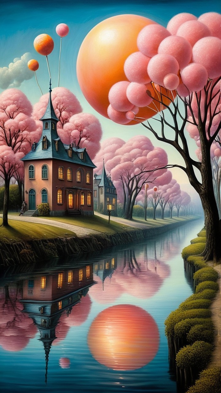 Whimsical Landscape with House and Serene Canal