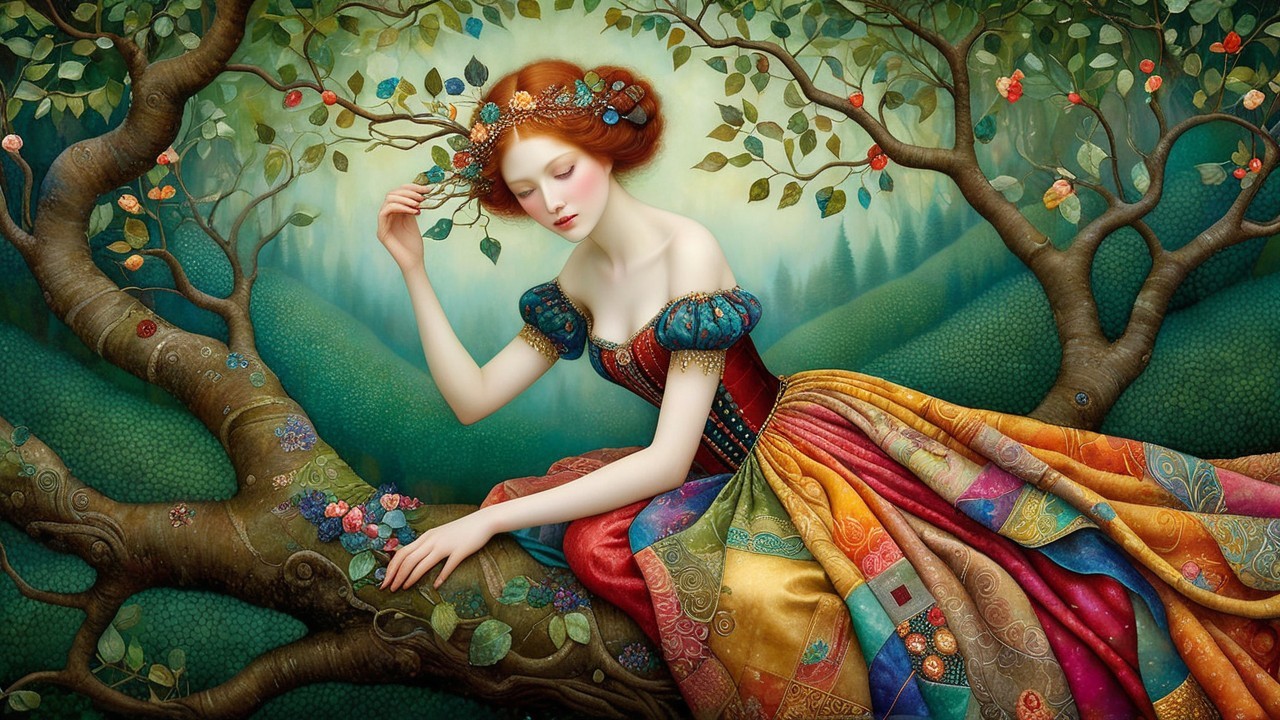 Young Woman with Red Hair in Lush Green Landscape