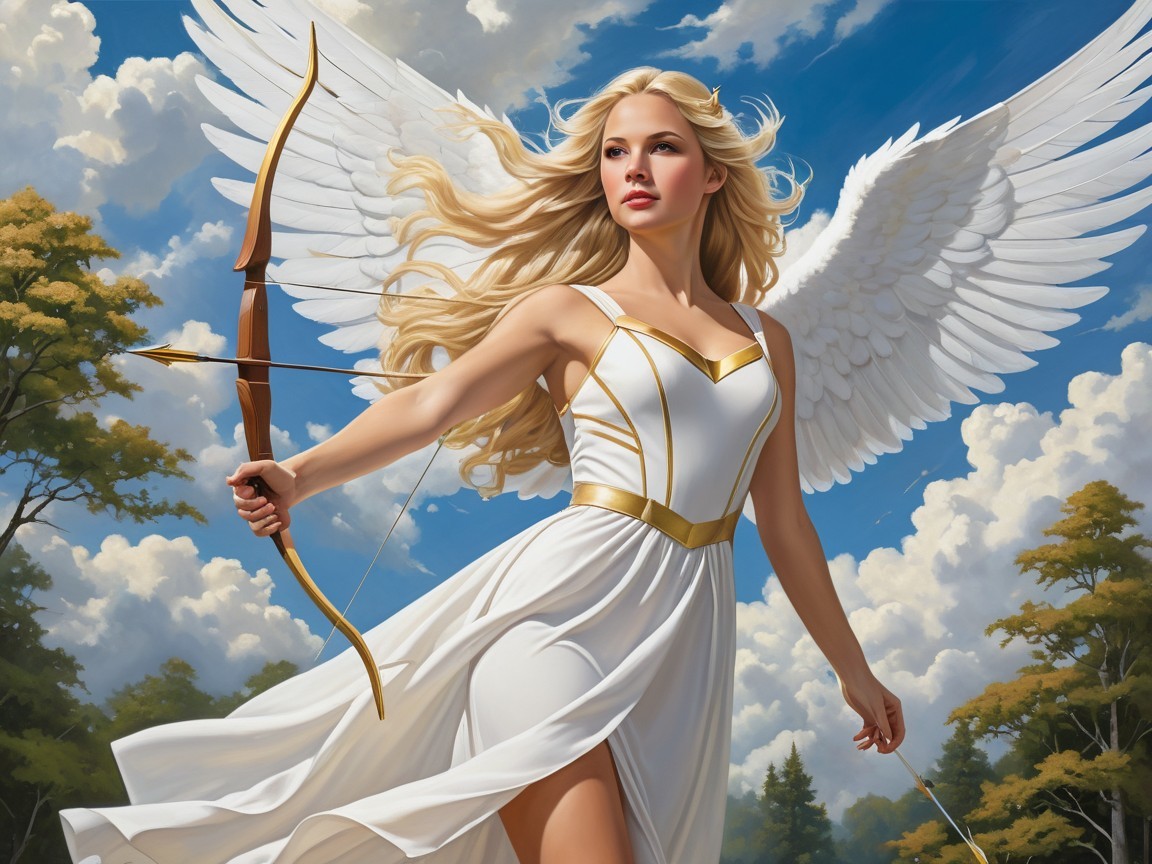 Majestic Angelic Figure with Vibrant Wings and Bow