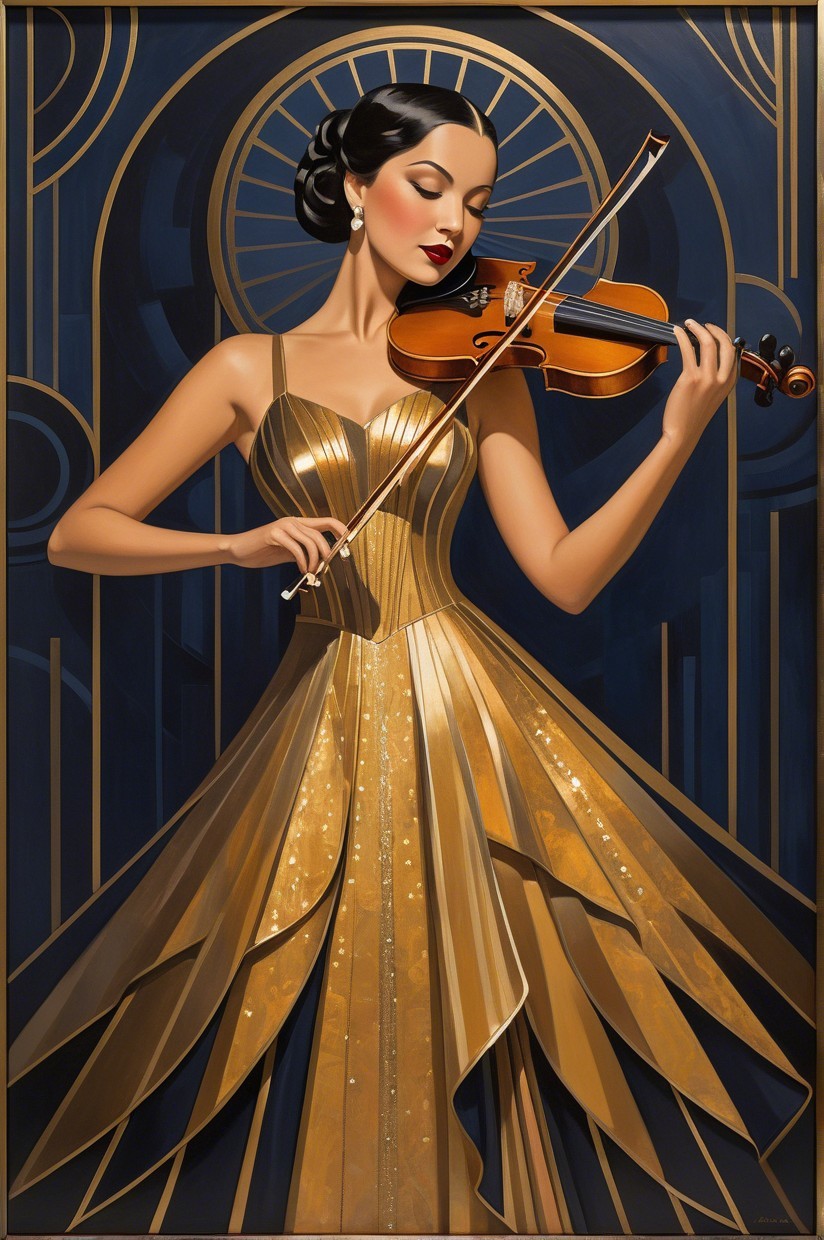 Elegant Woman in Golden Gown Playing Violin