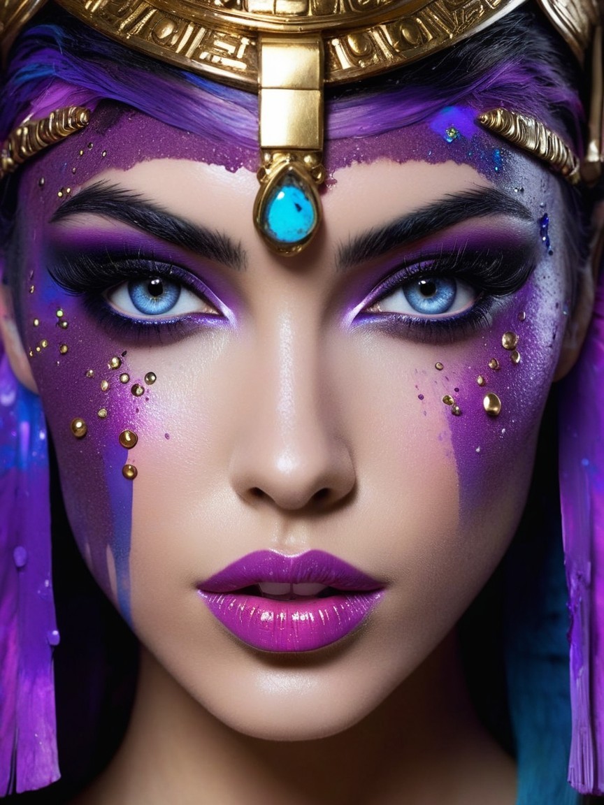 Model with Artistic Purple and Blue Makeup Design
