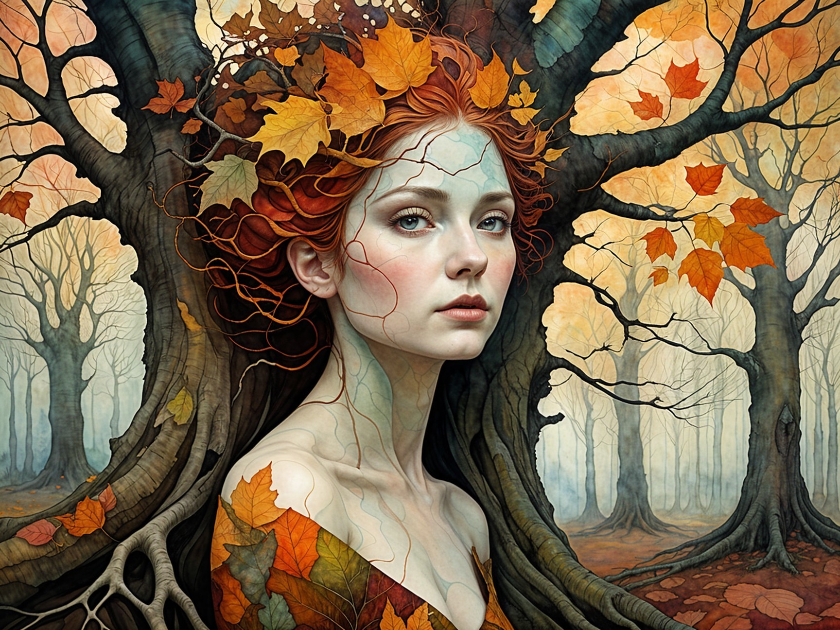 Woman with Red Hair Amid Autumn Leaves and Trees