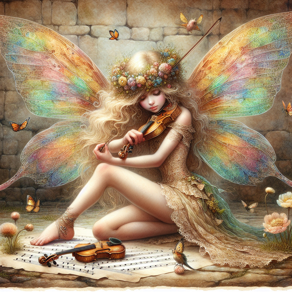 Fairy with Iridescent Wings Playing Violin on Stone Floor