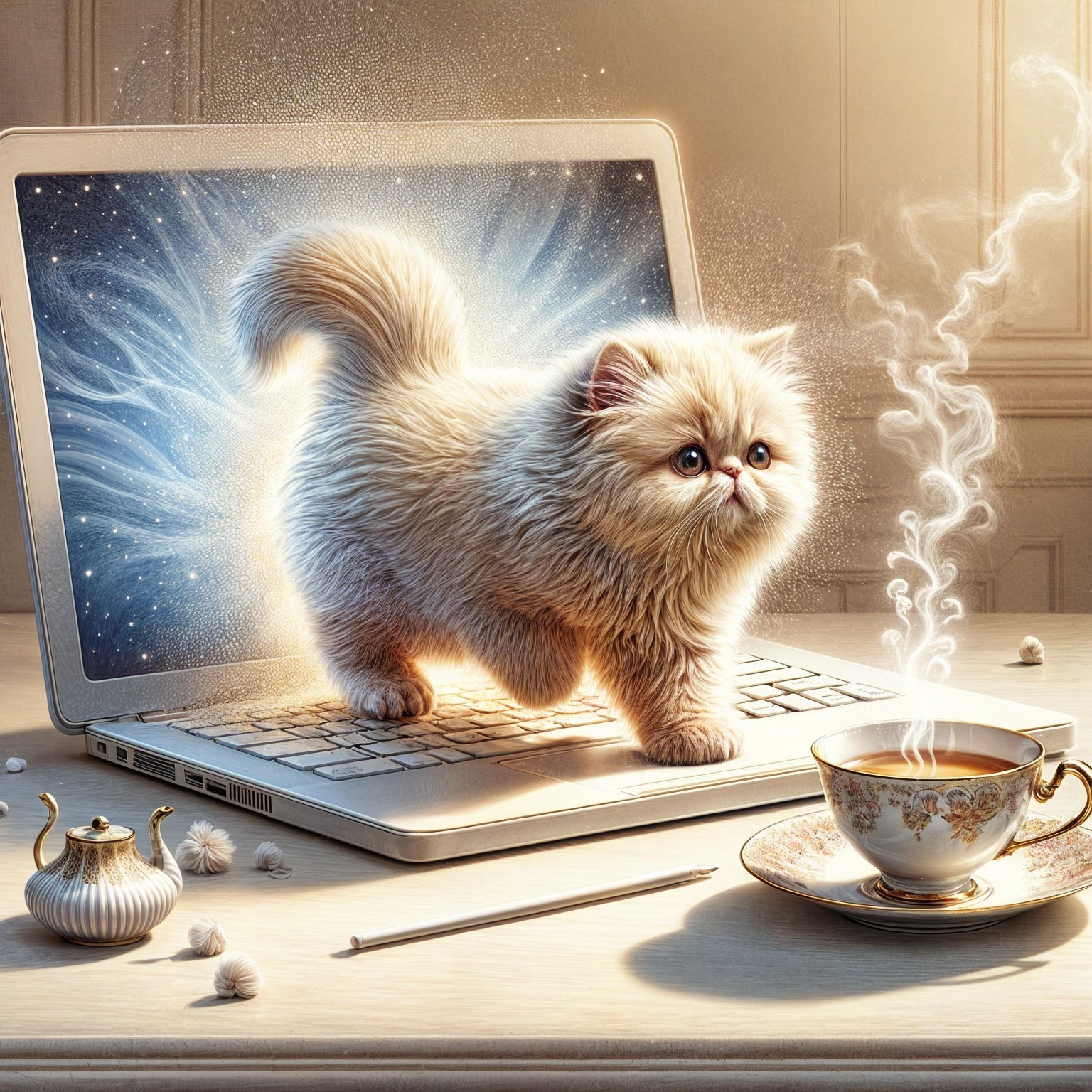 Fluffy Kitten with Magical Aura and Cozy Tea Setting