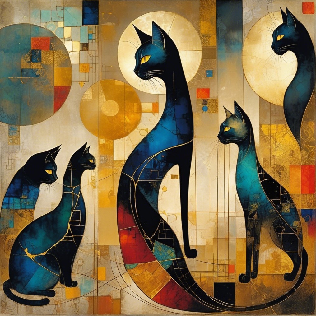 Stylized Black Cats with Golden Eyes in Warm Colors