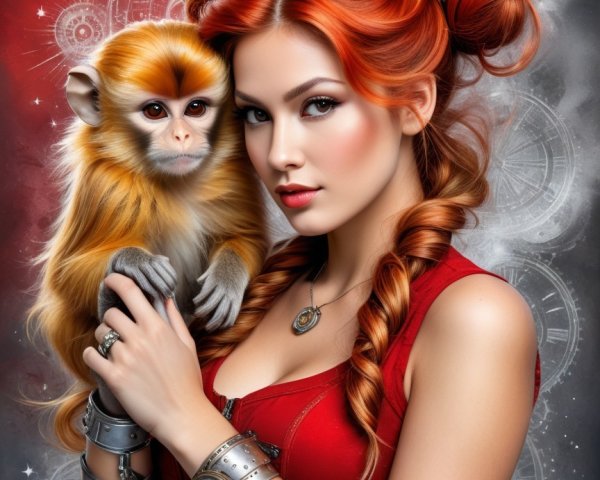 Confident Woman with Red Hair and Golden Monkey