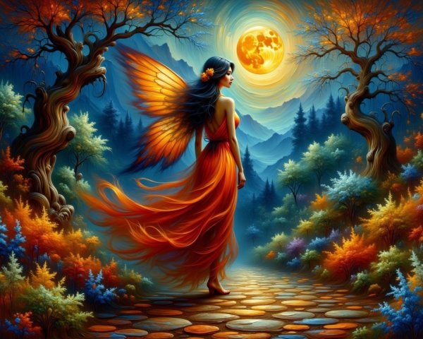 Mystical figure with vibrant wings on a winding path