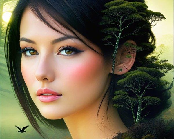 Serene Portrait of a Young Woman in a Mystical Landscape