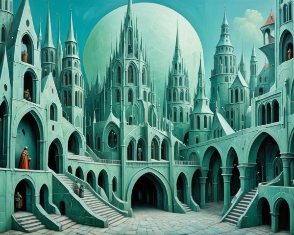 Fantastical cityscape with teal spires and arches