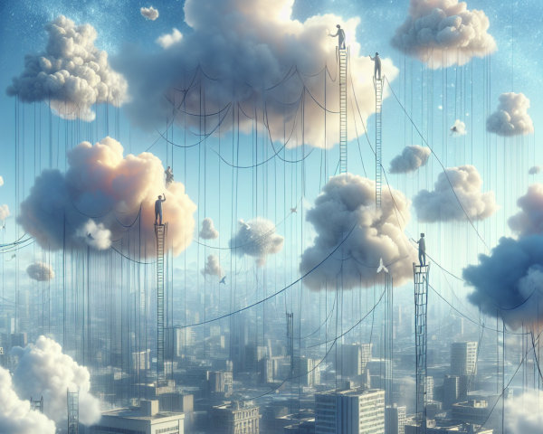 Surreal Urban Landscape with Floating Figures and Clouds