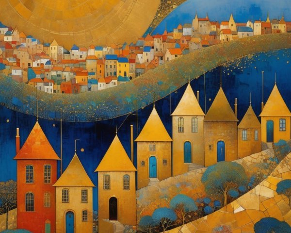 Vibrant Landscape with Whimsical Village and Sun