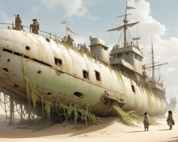 Weathered Ship Half-Buried in Golden Sand Landscape