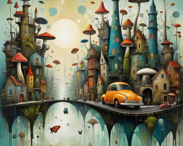 Whimsical Landscape with Colorful Houses and River