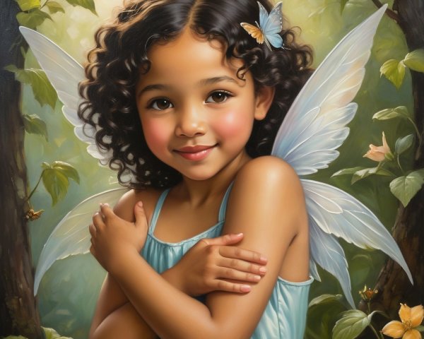 Young girl with fairy wings in a lush forest setting