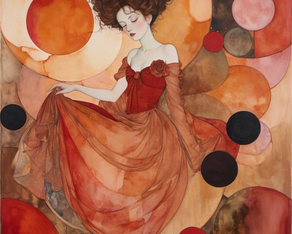 Whimsical Portrait of Woman in Reddish-Brown Gown