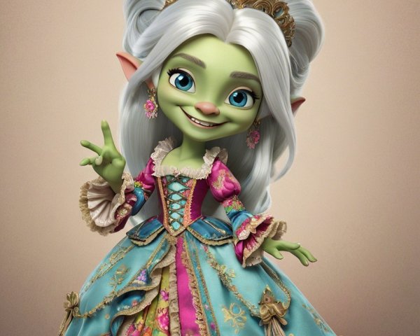 Whimsical Character with Green Skin and Pastel Dress