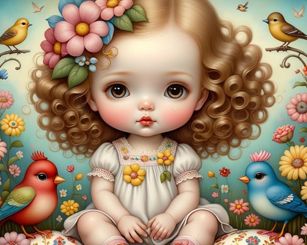 Whimsical Illustration of a Girl in Floral Setting