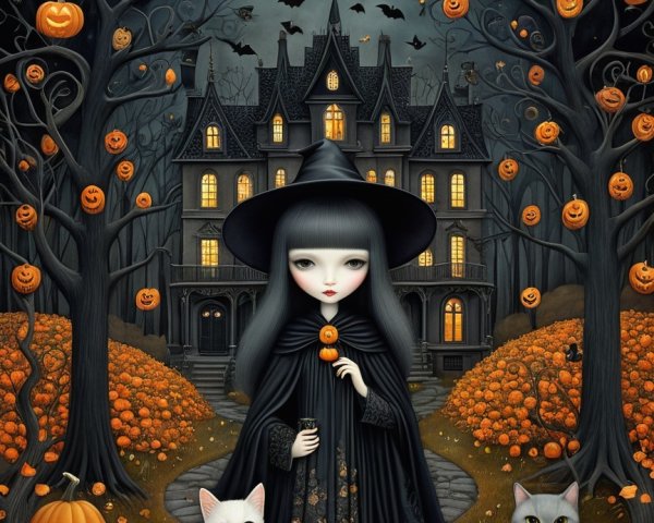 Mystical Halloween Scene with Cats and Pumpkins