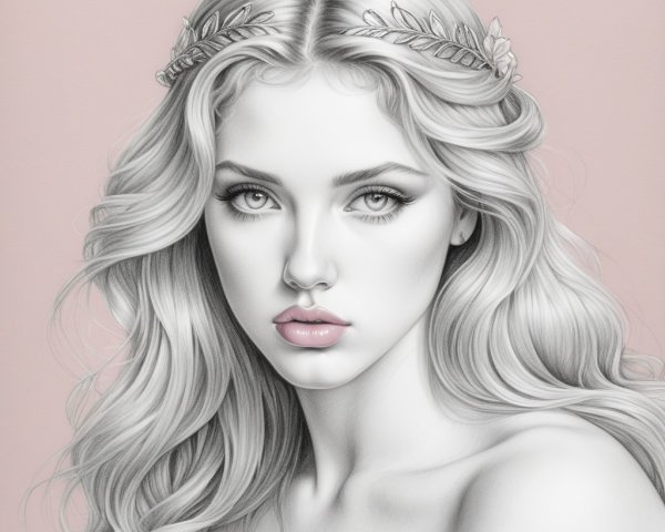 Black-and-white portrait of a young woman with floral crown