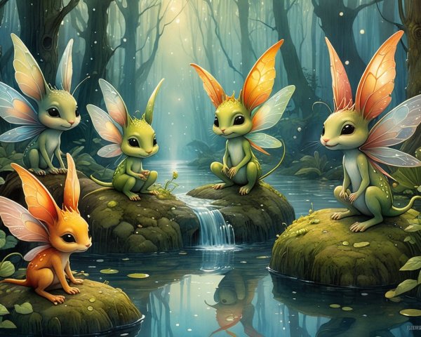 Whimsical Creatures in an Enchanted Forest Scene