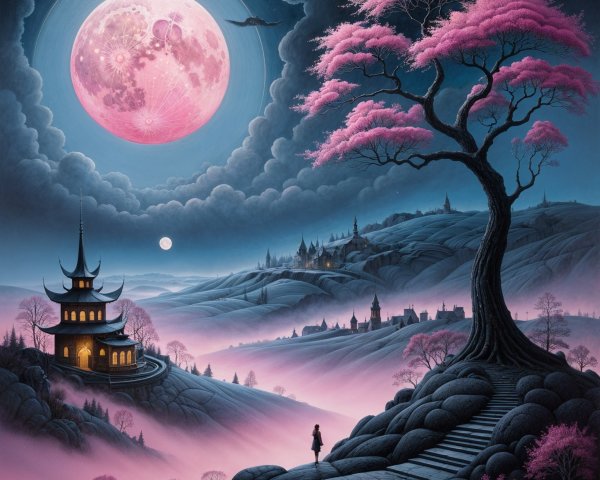 Serene Landscape with Pagoda Under Full Moon