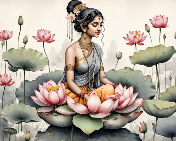 Serene figure on pink lotus with blooming flowers